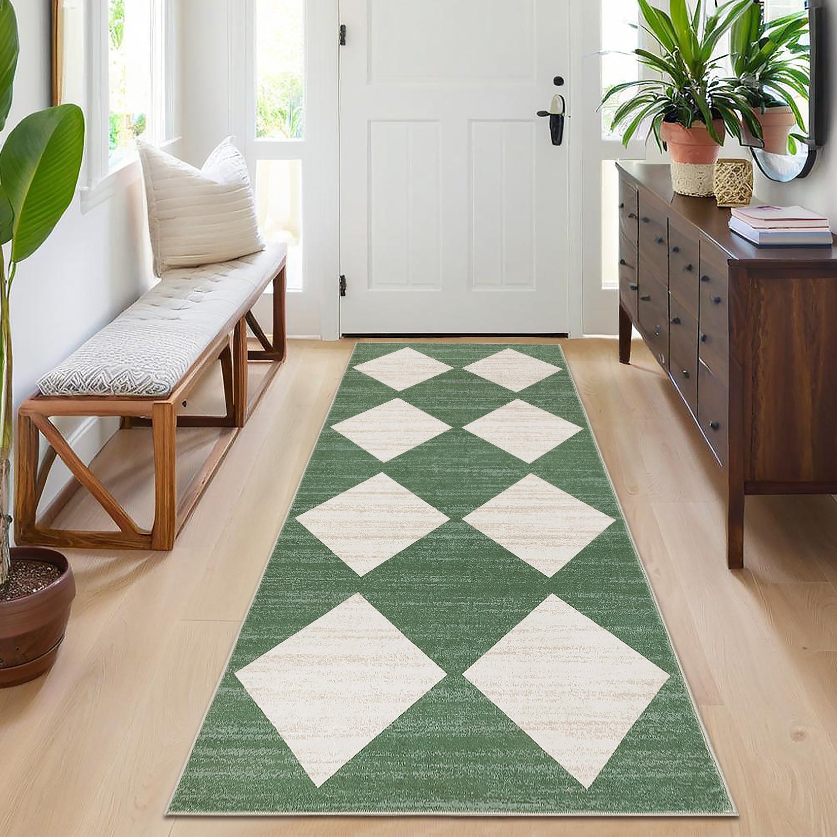 Garvee Plaid Green 2x6 Washable Runner Rug Modern Geometric Carpet Runner with Non-Slip Backing, Contemporary Accent Carpet, Foldable Low Pile Indoor Mat for Bedroom, Kitchen, Laundry