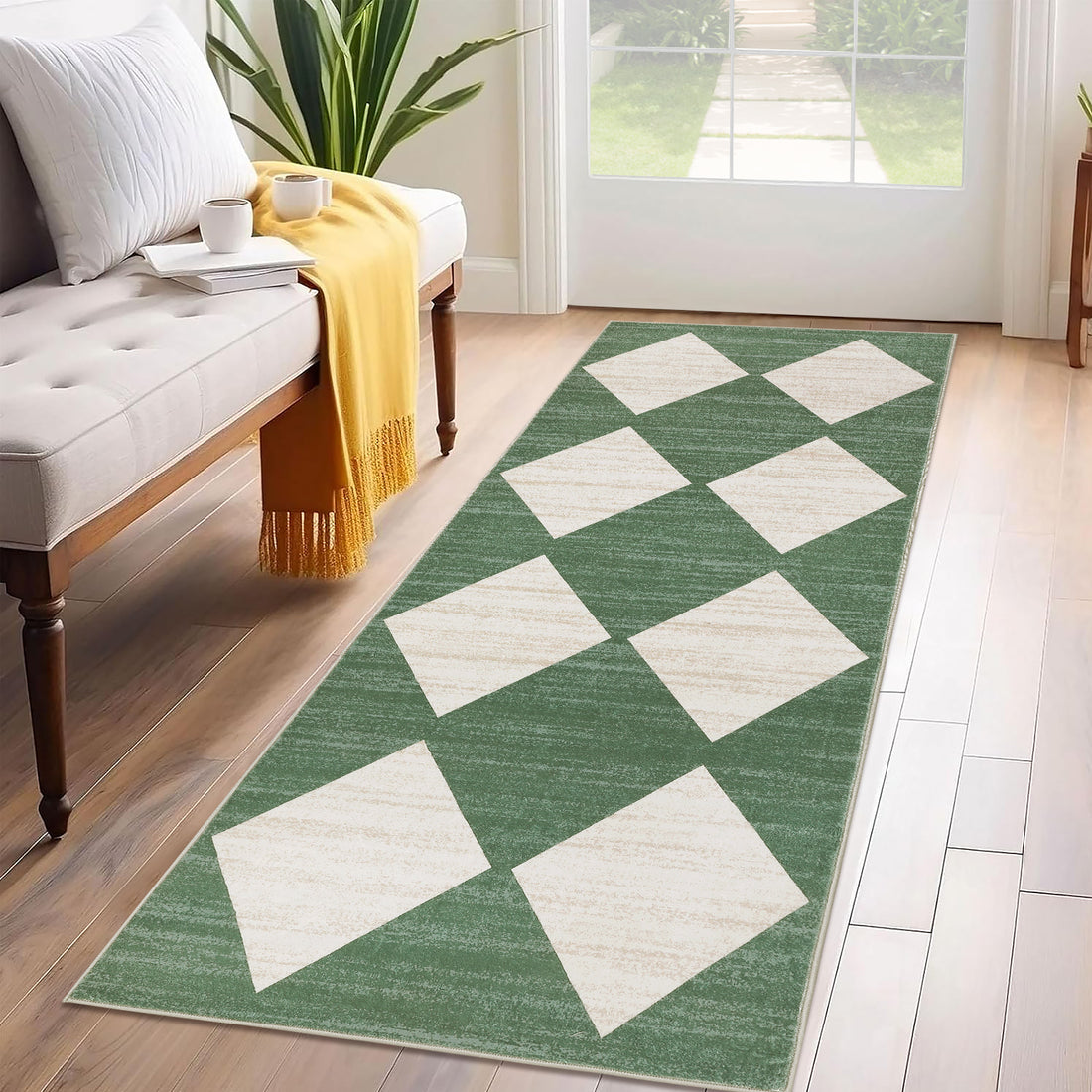 Garvee Plaid Green 2x6 Washable Runner Rug Modern Geometric Carpet Runner with Non-Slip Backing, Contemporary Accent Carpet, Foldable Low Pile Indoor Mat for Bedroom, Kitchen, Laundry