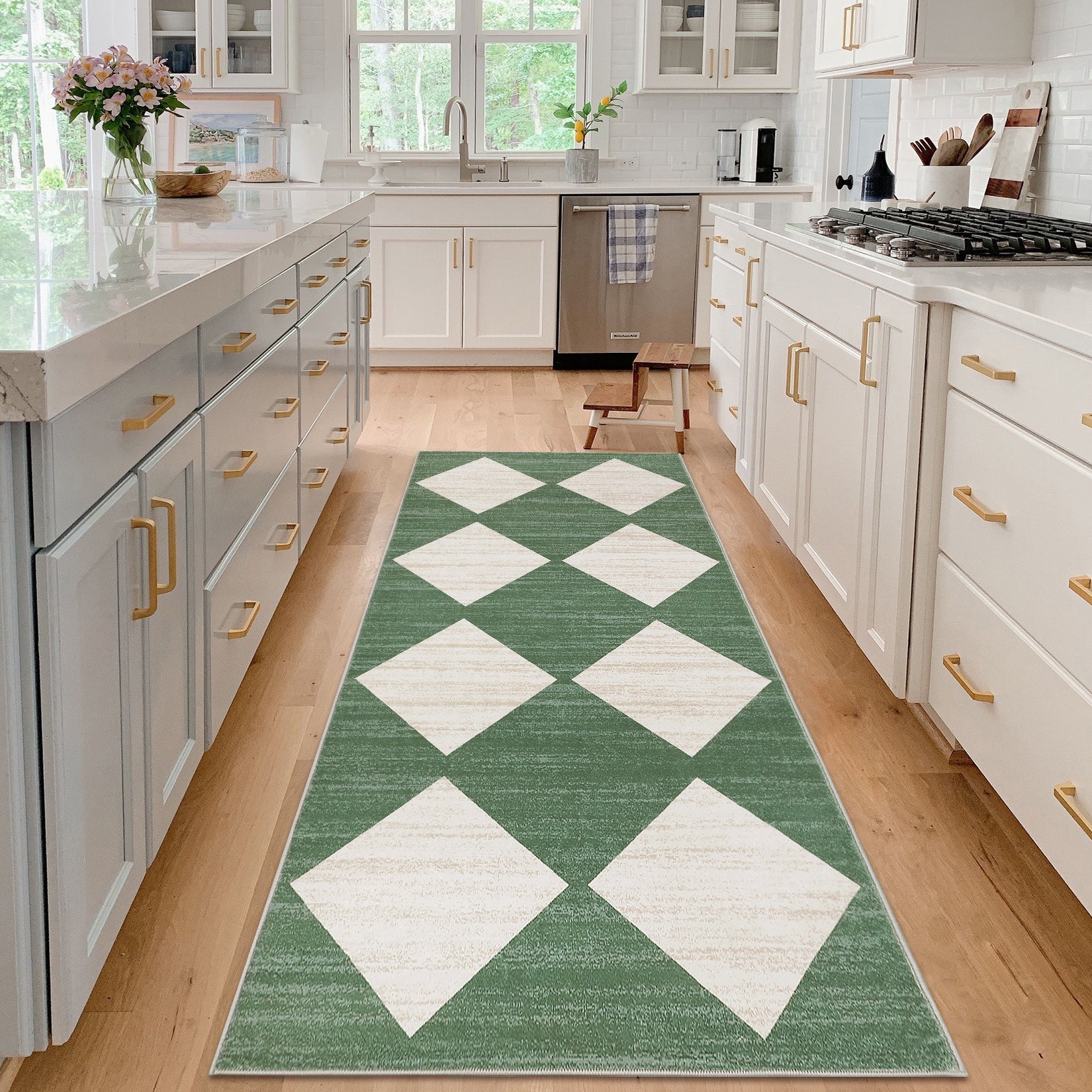 Garvee Plaid Green 2x6 Washable Runner Rug Modern Geometric Carpet Runner with Non-Slip Backing, Contemporary Accent Carpet, Foldable Low Pile Indoor Mat for Bedroom, Kitchen, Laundry