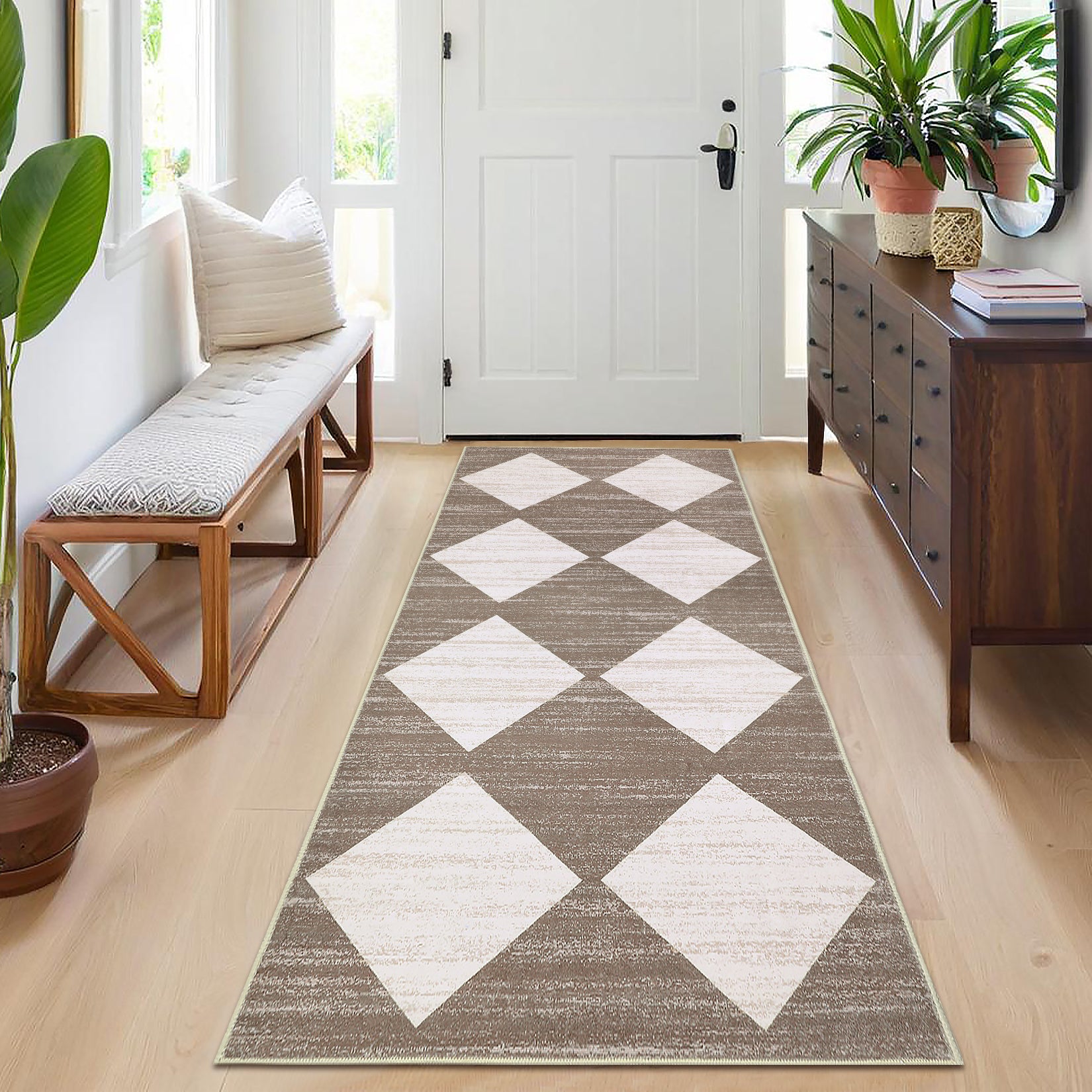 Garvee Plaid Brown 2x6 Washable Runner Rug Modern Geometric Carpet Runner with Non-Slip Backing, Contemporary Accent Carpet, Foldable Low Pile Indoor Mat for Bedroom, Kitchen, Laundry