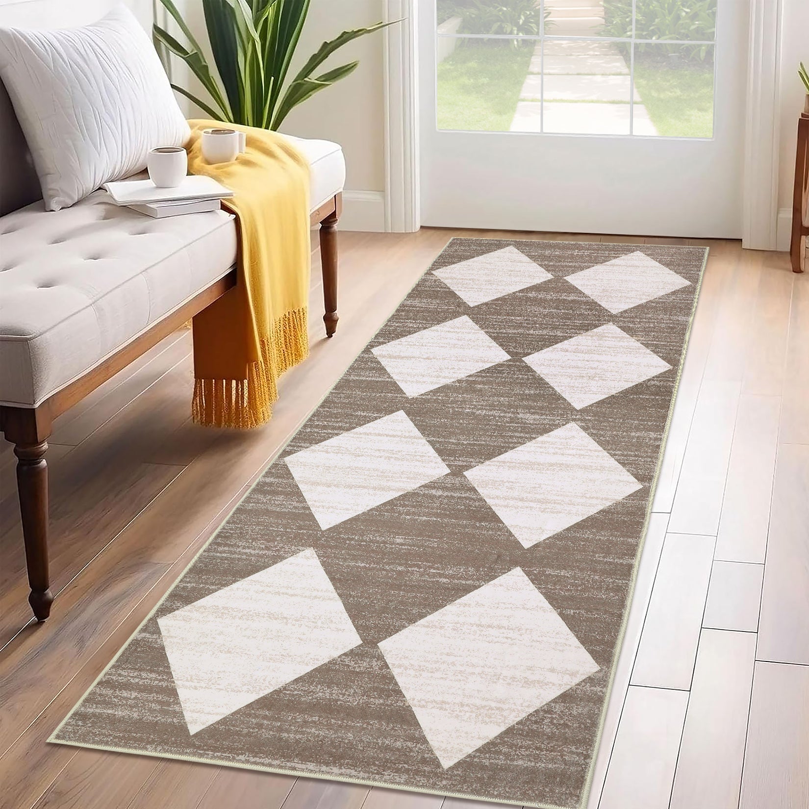 Garvee Plaid Brown 2x6 Washable Runner Rug Modern Geometric Carpet Runner with Non-Slip Backing, Contemporary Accent Carpet, Foldable Low Pile Indoor Mat for Bedroom, Kitchen, Laundry