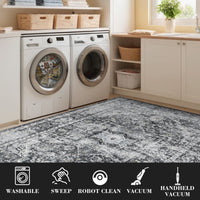 Garvee Area Rug 8x10 Washable Rug Retro Gray Vintage Large Rug Traditional Floor Cover Thin Rug Retro Kitchen Indoor Distressed Non Slip Carpet Floral Print Mat Living Room Bedroom Dining Room