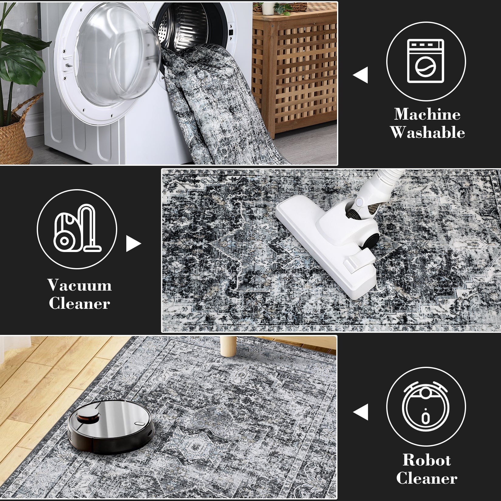 Garvee Area Rug 8x10 Washable Rug Retro Gray Vintage Large Rug Traditional Floor Cover Thin Rug Retro Kitchen Indoor Distressed Non Slip Carpet Floral Print Mat Living Room Bedroom Dining Room