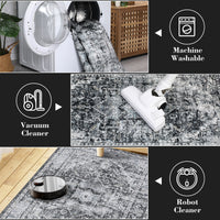 Garvee Area Rug 8x10 Washable Rug Retro Gray Vintage Large Rug Traditional Floor Cover Thin Rug Retro Kitchen Indoor Distressed Non Slip Carpet Floral Print Mat Living Room Bedroom Dining Room