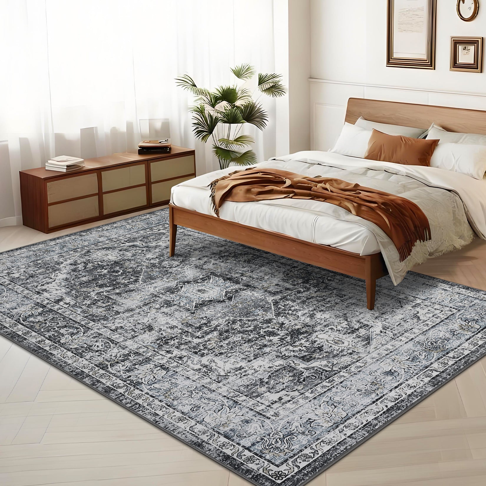 Garvee Area Rug 8x10 Washable Rug Retro Gray Vintage Large Rug Traditional Floor Cover Thin Rug Retro Kitchen Indoor Distressed Non Slip Carpet Floral Print Mat Living Room Bedroom Dining Room