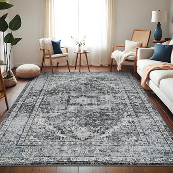 Garvee Area Rug 8x10 Washable Rug Retro Gray Vintage Large Rug Traditional Floor Cover Thin Rug Retro Kitchen Indoor Distressed Non Slip Carpet Floral Print Mat Living Room Bedroom Dining Room