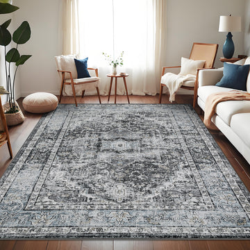 Garvee Area Rug 8x10 Washable Rug Retro Gray Vintage Large Rug Traditional Floor Cover Thin Rug Retro Kitchen Indoor Distressed Non Slip Carpet Floral Print Mat Living Room Bedroom Dining Room
