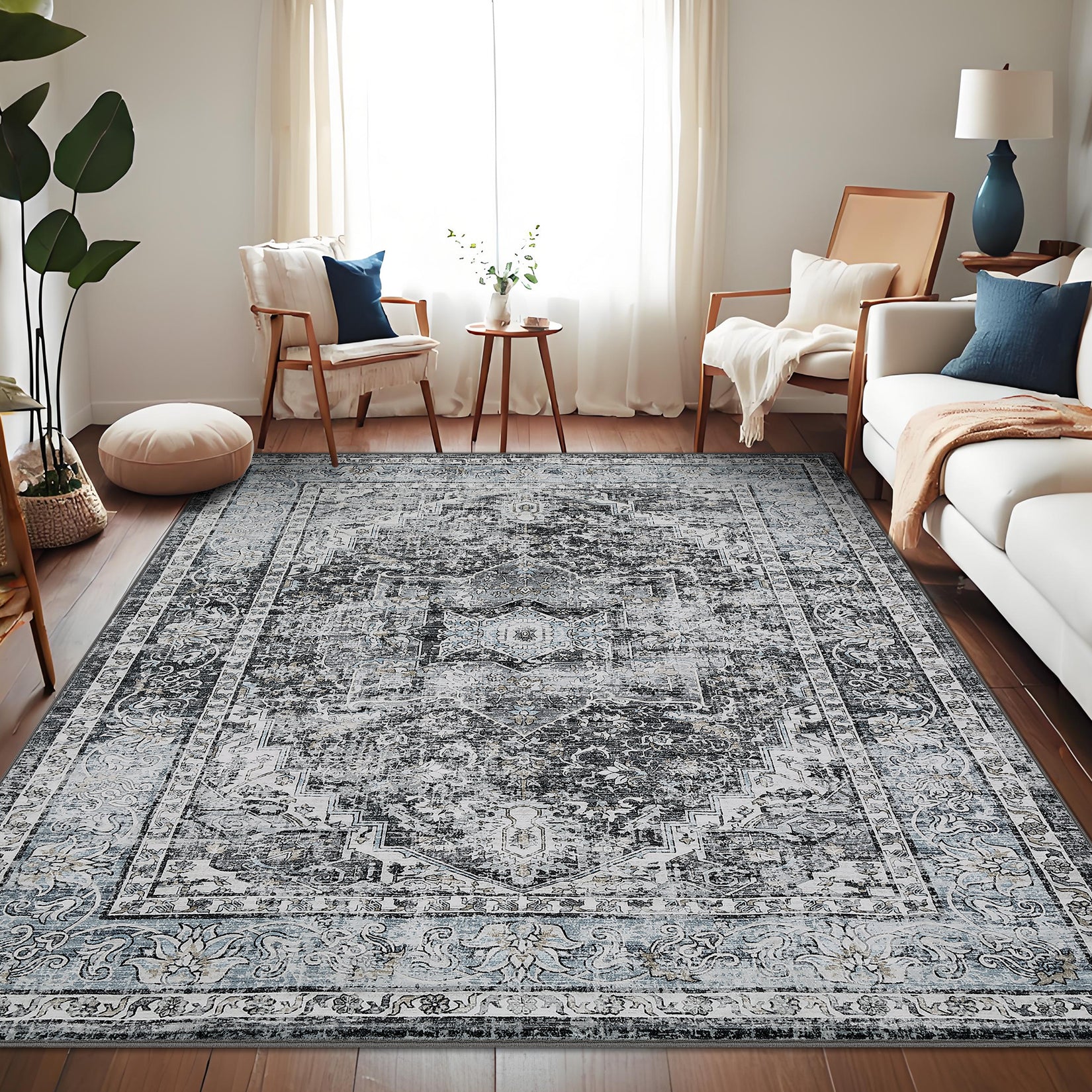 Garvee Area Rug 8x10 Washable Rug Retro Gray Vintage Large Rug Traditional Floor Cover Thin Rug Retro Kitchen Indoor Distressed Non Slip Carpet Floral Print Mat Living Room Bedroom Dining Room