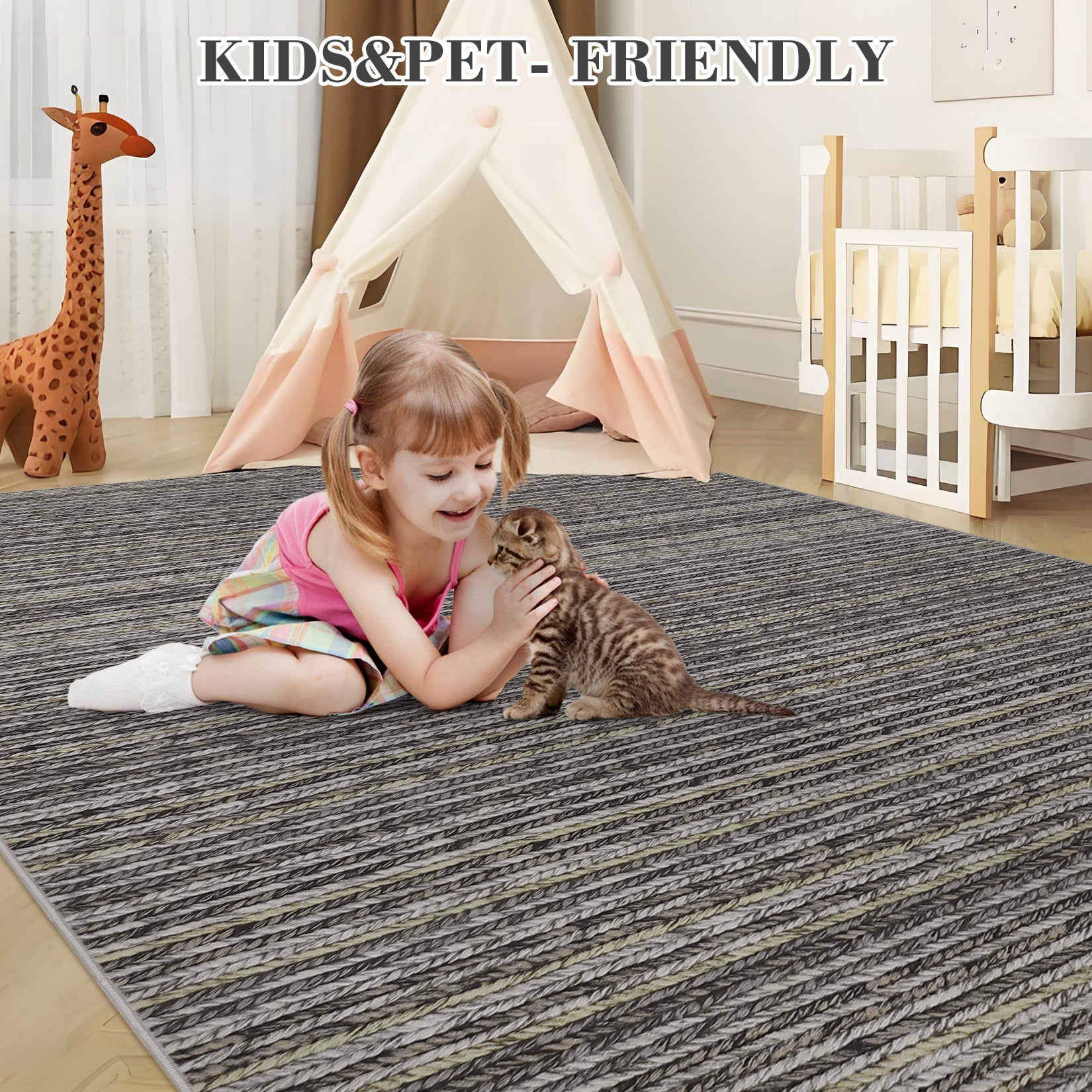 Garvee 9x12 Area Rug Modern Striped Rugs for Living Room Printed Braid Rugs Large Area Rugs Non-Slip Soft Gradient Rug for Bedroom Print Thin Abstract Carpet for Home Office, Grey