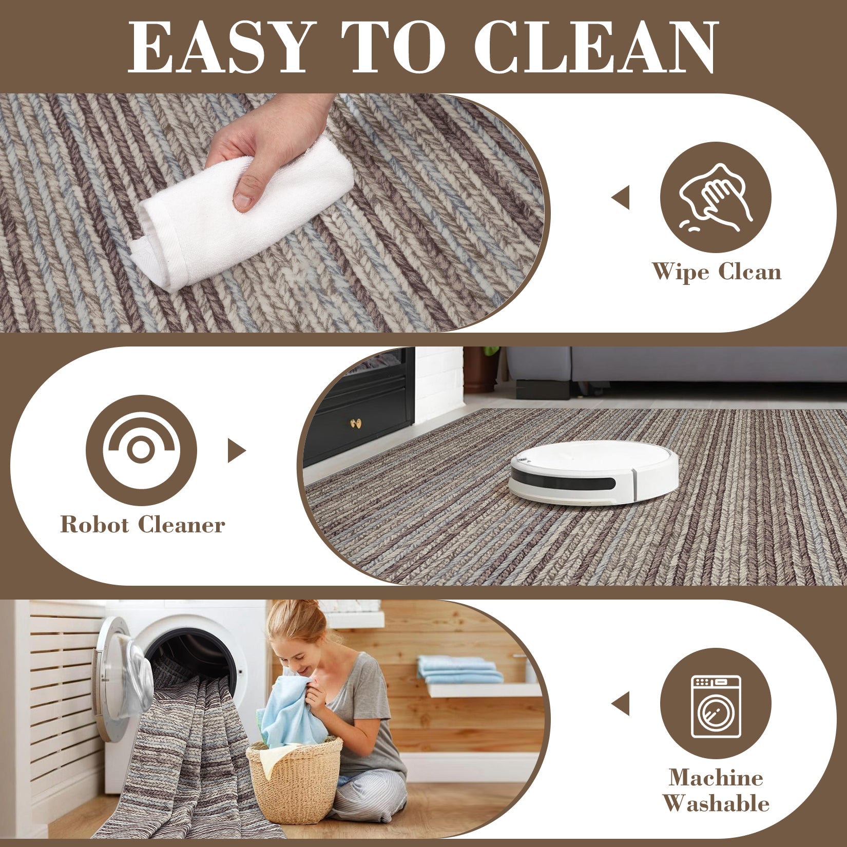 Garvee Striped Washable Rugs for Living Room 5x7 Stain Resistant Area Rug for Bedroom Large Soft Floor Carpet Non Slip Modern Transitional Rug for Dining Room Laundry Kid Room, Camel