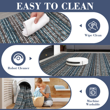 Garvee Modern Runners for Hallways 2x6 Washable Hall Carpet Runner Printed Braid Kitchen Rug Non-Slip Entryway Runner Rugs Striped Floor Runners for Indoor Hallway Bedroom Kitchen, Blue