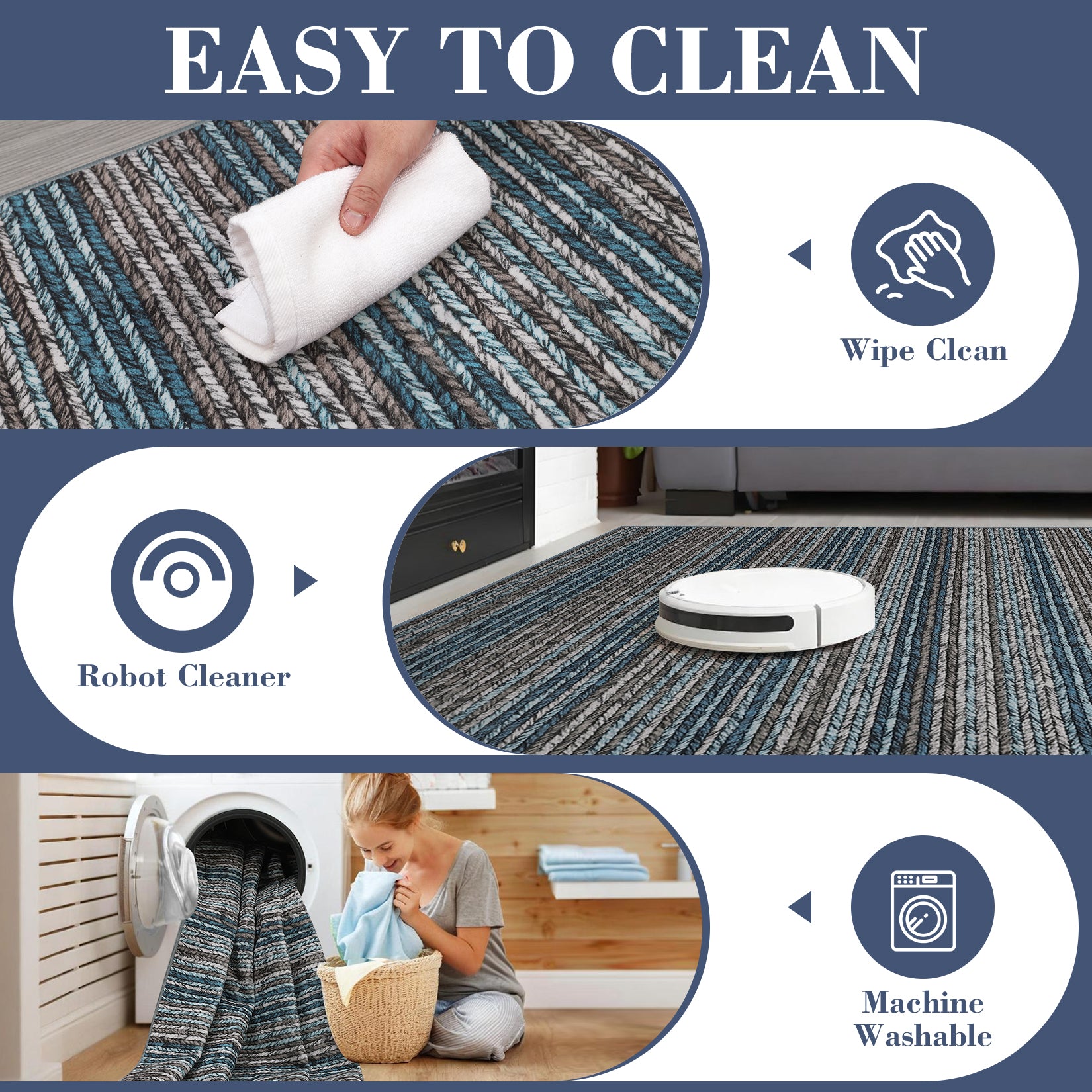 Garvee 9x12 Area Rug Modern Striped Rugs for Living Room Printed Braid Rugs Large Area Rugs Non-Slip Soft Gradient Rug for Bedroom Print Thin Abstract Carpet for Home Office, Blue