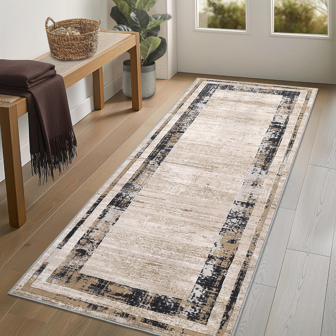 Garvee Washable Runner Rug 2x6 Modern Border Runner Soft Distressed Brown Runner, Minimalist Runner, Non Slip Hallway Runner, Stain Resistant Kitchen Runner, Contemporary Runner
