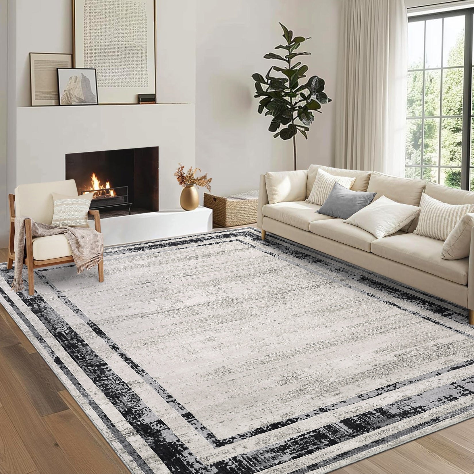 Garvee Large Living Room Rug 9x12 Modern Border Rug Soft Bedroom Rug Washable Rug with Rubber Backing, Contemporary Minimalist Rug, Distressed Accent Rug, Foldable Printed Rug