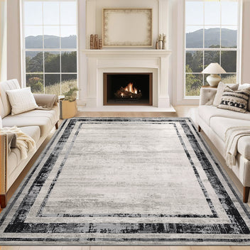 Garvee Large Washable Rug 10x13 Area Rug Modern Rug Distressed Border Rug Minimalist Gray Rug, Non Slip Soft Rug, Contemporary Accent Rug, Foldable Thin Rug for Living Room Bedroom