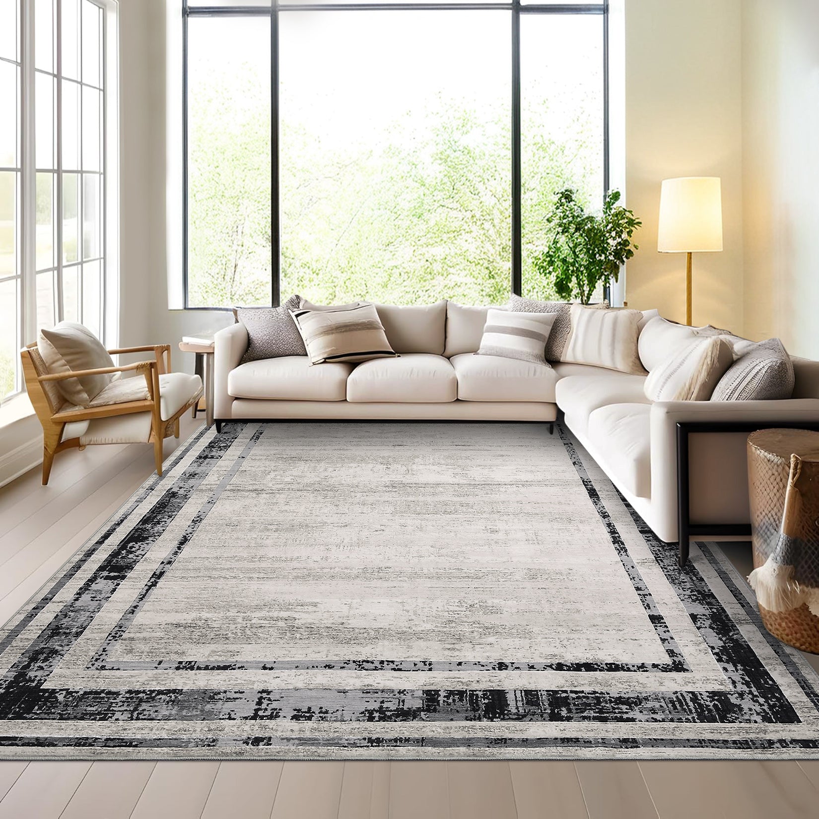 Garvee Large Washable Rug 10x13 Area Rug Modern Rug Distressed Border Rug Minimalist Gray Rug, Non Slip Soft Rug, Contemporary Accent Rug, Foldable Thin Rug for Living Room Bedroom