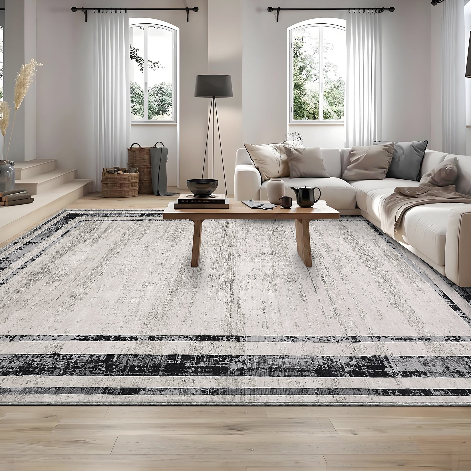 Garvee Large Living Room Rug 9x12 Modern Border Rug Soft Bedroom Rug Washable Rug with Rubber Backing, Contemporary Minimalist Rug, Distressed Accent Rug, Foldable Printed Rug