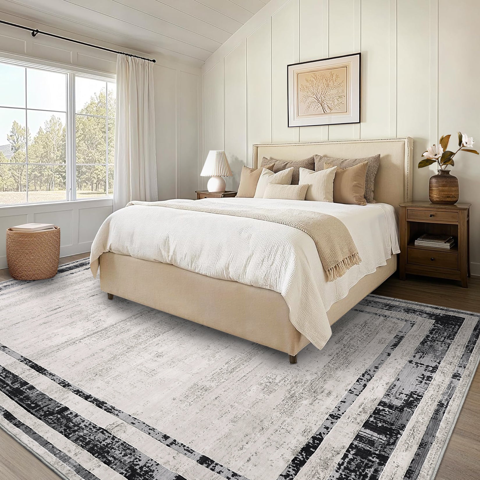 Garvee Large Living Room Rug 9x12 Modern Border Rug Soft Bedroom Rug Washable Rug with Rubber Backing, Contemporary Minimalist Rug, Distressed Accent Rug, Foldable Printed Rug