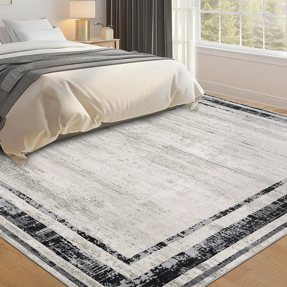 Garvee Modern Rug 8x10 Large Area Rug Washable Rug Distressed Border Rug Contemporary Gray Rug, Minimalist Living Room Rug, Non Slip Soft Rug, Foldable Printed Rug for Bedroom Office