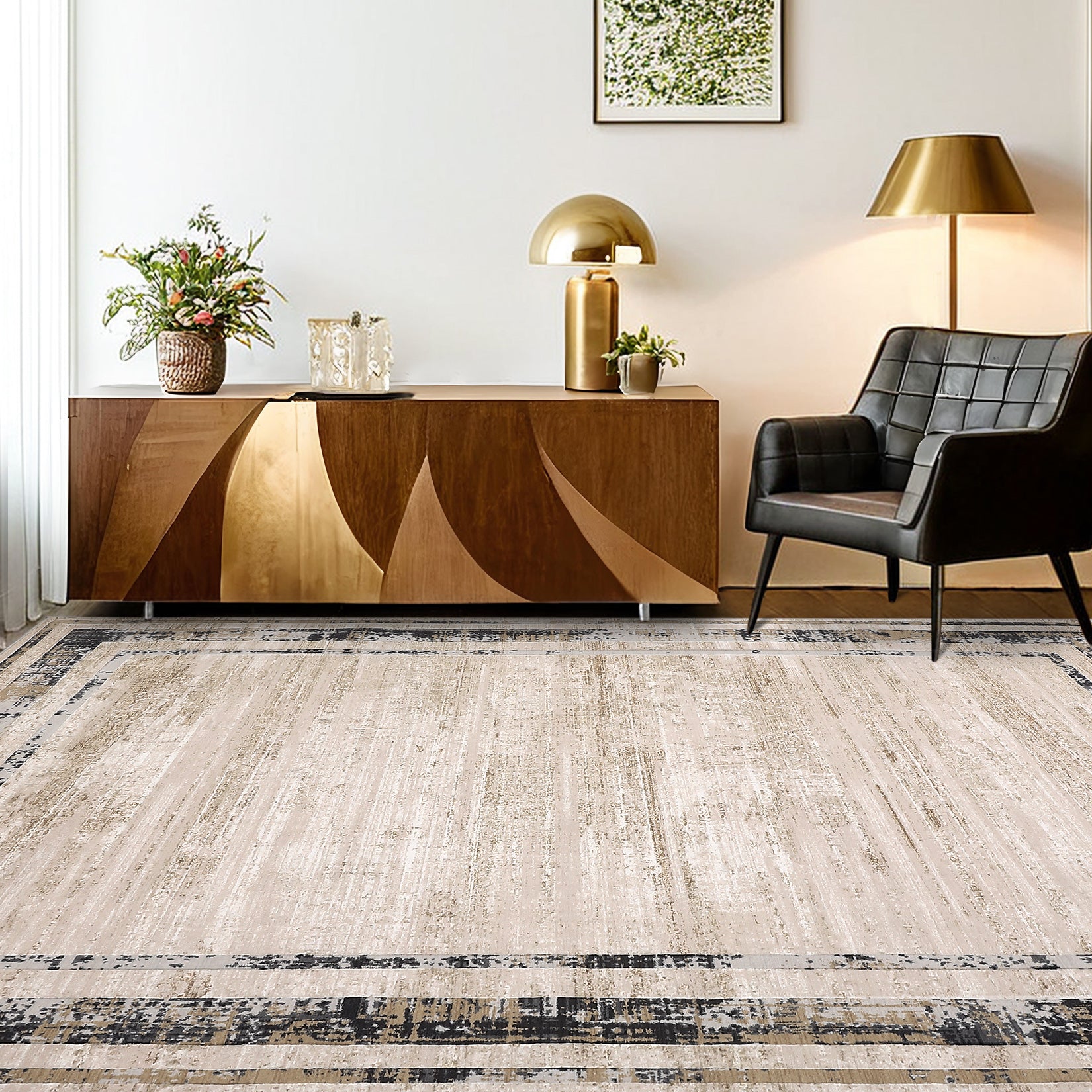 Garvee Large Living Room Rug 9x12 Modern Border Rug Soft Bedroom Rug Washable Rug with Rubber Backing, Contemporary Minimalist Rug, Distressed Accent Rug, Foldable Printed Rug, Brown