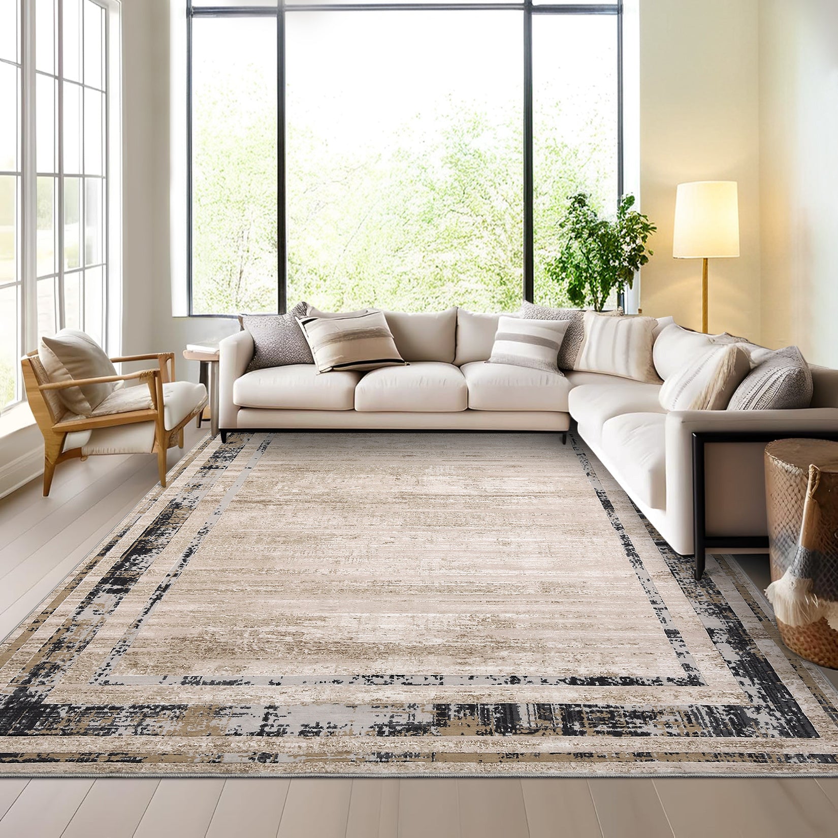 Garvee Modern Rug 8x10 Large Area Rug Washable Rug Distressed Border Rug Contemporary Brown Rug, Minimalist Living Room Rug, Non Slip Soft Rug, Foldable Printed Rug for Bedroom Office