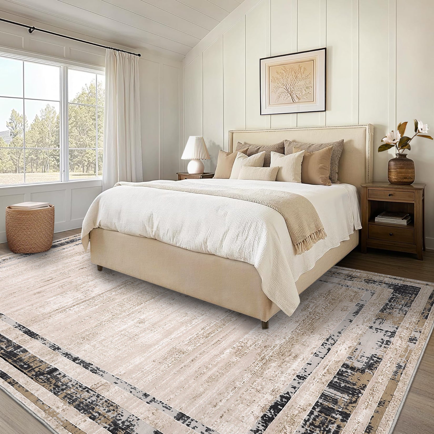 Garvee Large Living Room Rug 9x12 Modern Border Rug Soft Bedroom Rug Washable Rug with Rubber Backing, Contemporary Minimalist Rug, Distressed Accent Rug, Foldable Printed Rug, Brown