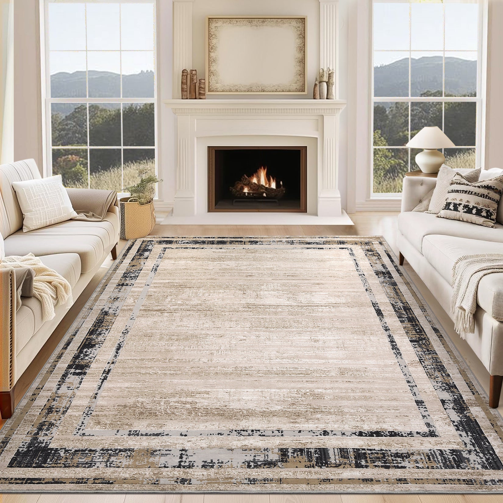 Garvee Modern Rug 8x10 Large Area Rug Washable Rug Distressed Border Rug Contemporary Brown Rug, Minimalist Living Room Rug, Non Slip Soft Rug, Foldable Printed Rug for Bedroom Office