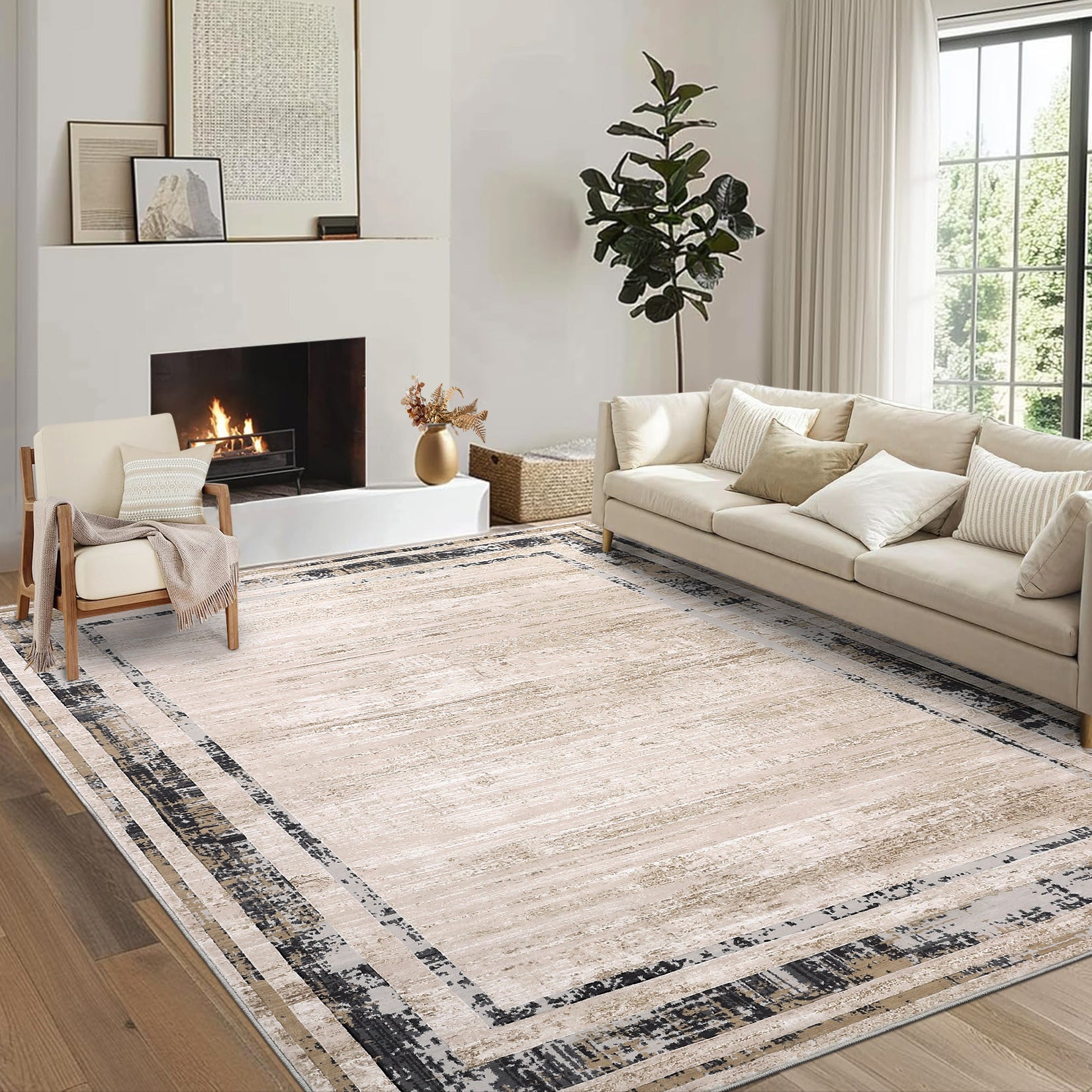 Garvee Large Living Room Rug 9x12 Modern Border Rug Soft Bedroom Rug Washable Rug with Rubber Backing, Contemporary Minimalist Rug, Distressed Accent Rug, Foldable Printed Rug, Brown