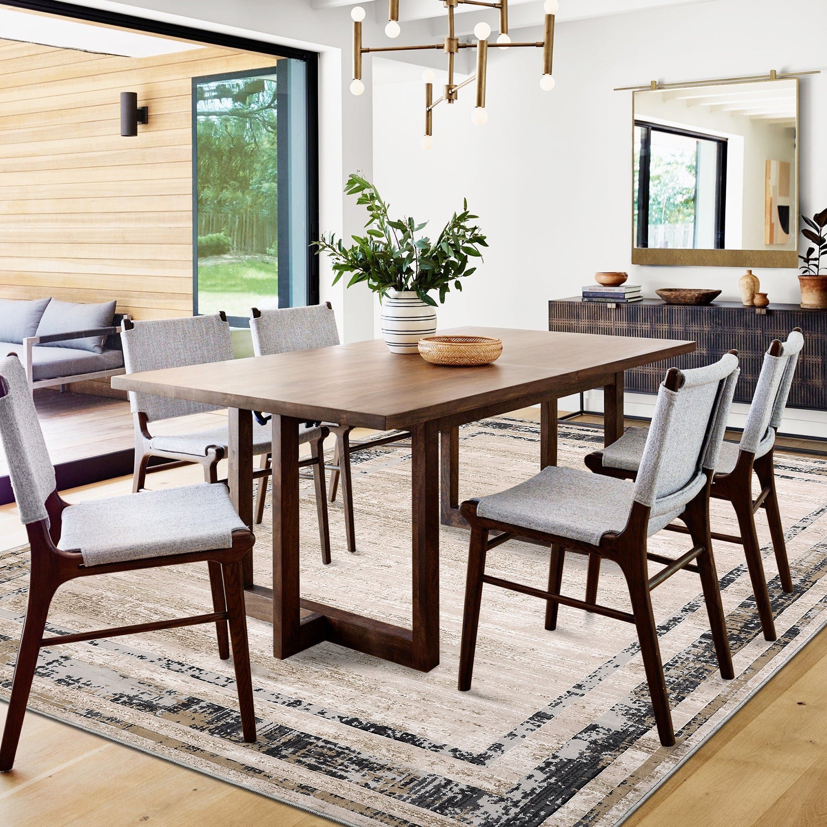 Garvee Large Living Room Rug 9x12 Modern Border Rug Soft Bedroom Rug Washable Rug with Rubber Backing, Contemporary Minimalist Rug, Distressed Accent Rug, Foldable Printed Rug, Brown