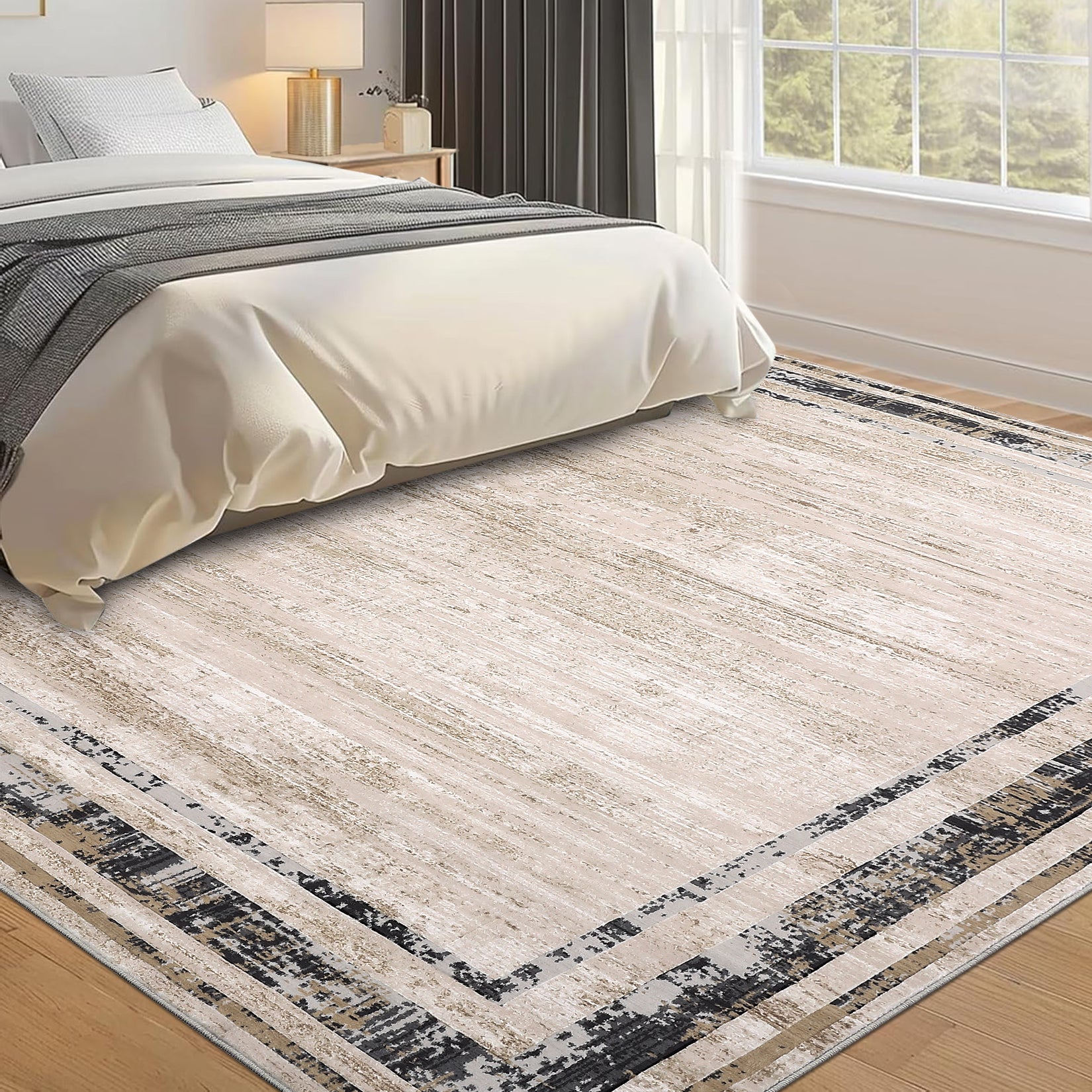 Garvee Large Living Room Rug 9x12 Modern Border Rug Soft Bedroom Rug Washable Rug with Rubber Backing, Contemporary Minimalist Rug, Distressed Accent Rug, Foldable Printed Rug, Brown