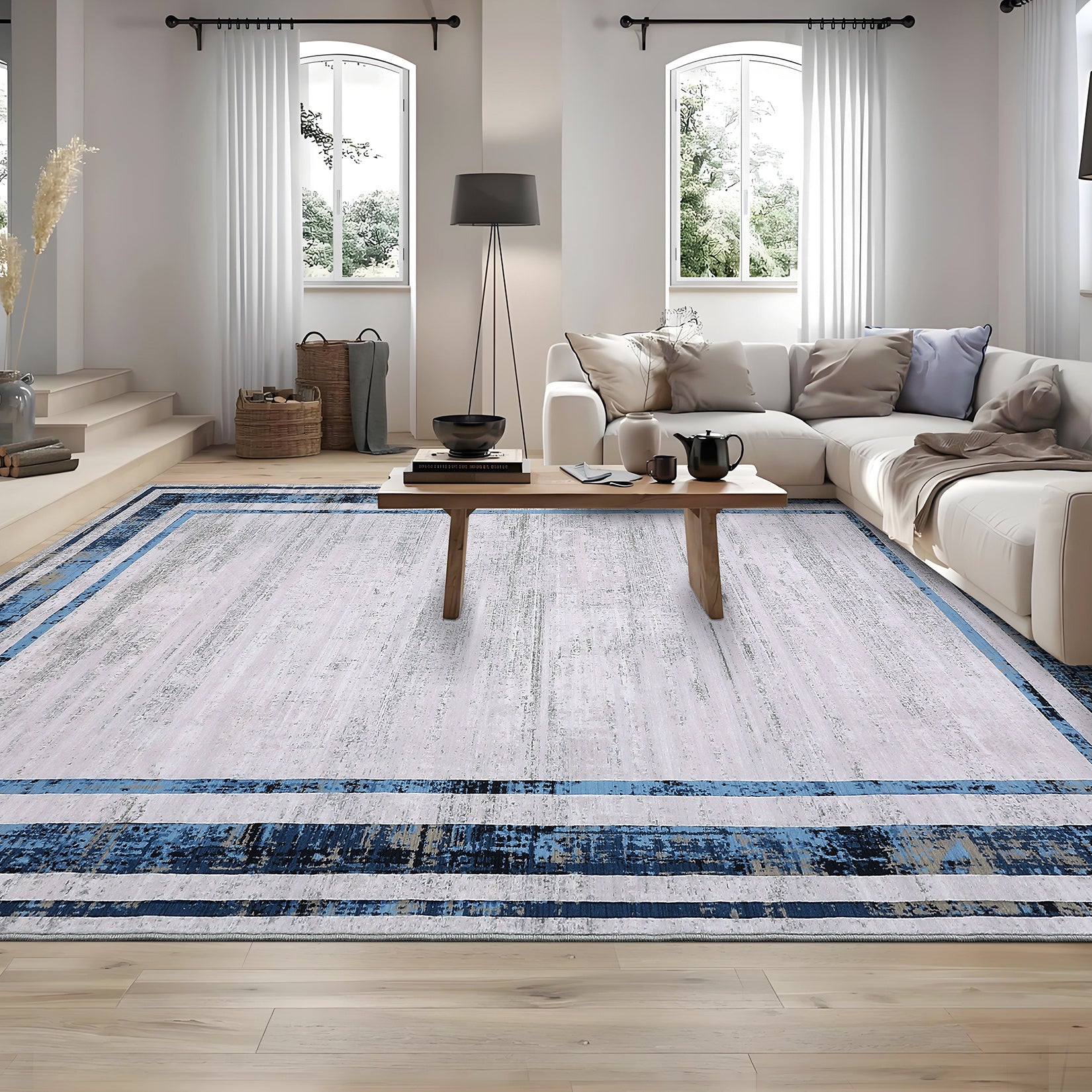 Garvee Modern Rug 8x10 Large Area Rug Washable Rug Distressed Border Rug Contemporary Blue Rug, Minimalist Living Room Rug, Non Slip Soft Rug, Foldable Printed Rug for Bedroom Office