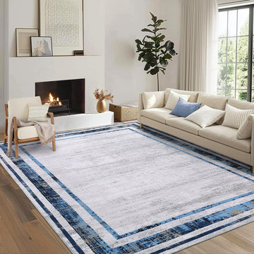 Garvee Large Living Room Rug 9x12 Modern Border Rug Soft Bedroom Rug Washable Rug with Rubber Backing, Contemporary Minimalist Rug, Distressed Accent Rug, Foldable Printed Rug, Blue