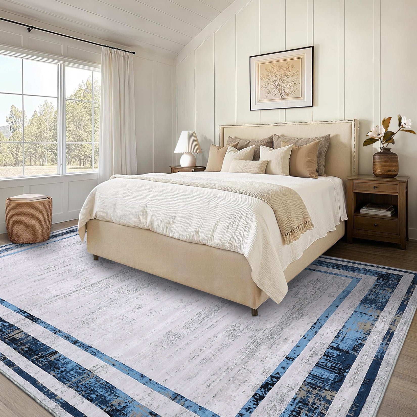 Garvee Large Living Room Rug 9x12 Modern Border Rug Soft Bedroom Rug Washable Rug with Rubber Backing, Contemporary Minimalist Rug, Distressed Accent Rug, Foldable Printed Rug, Blue