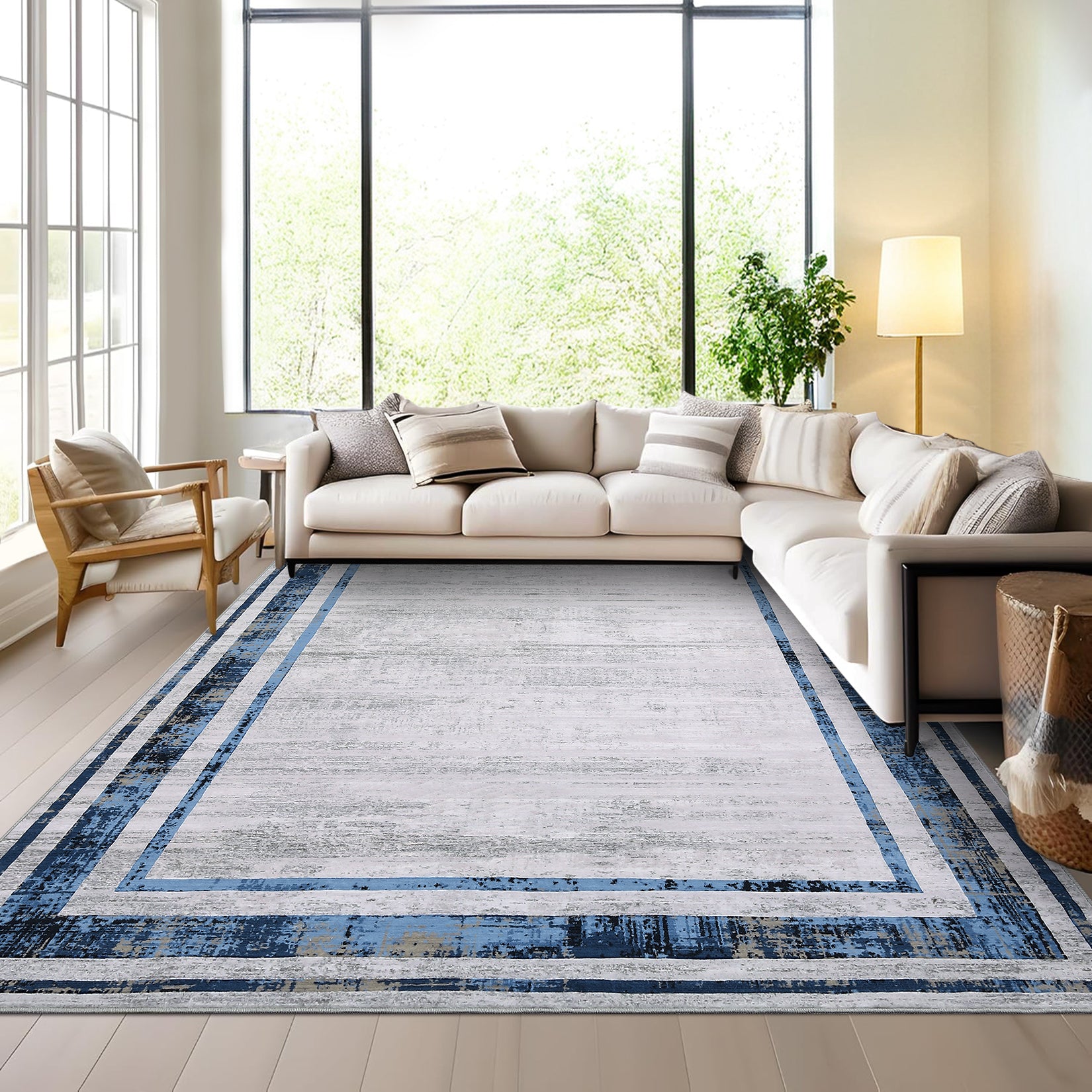 Garvee Modern Rug 8x10 Large Area Rug Washable Rug Distressed Border Rug Contemporary Blue Rug, Minimalist Living Room Rug, Non Slip Soft Rug, Foldable Printed Rug for Bedroom Office