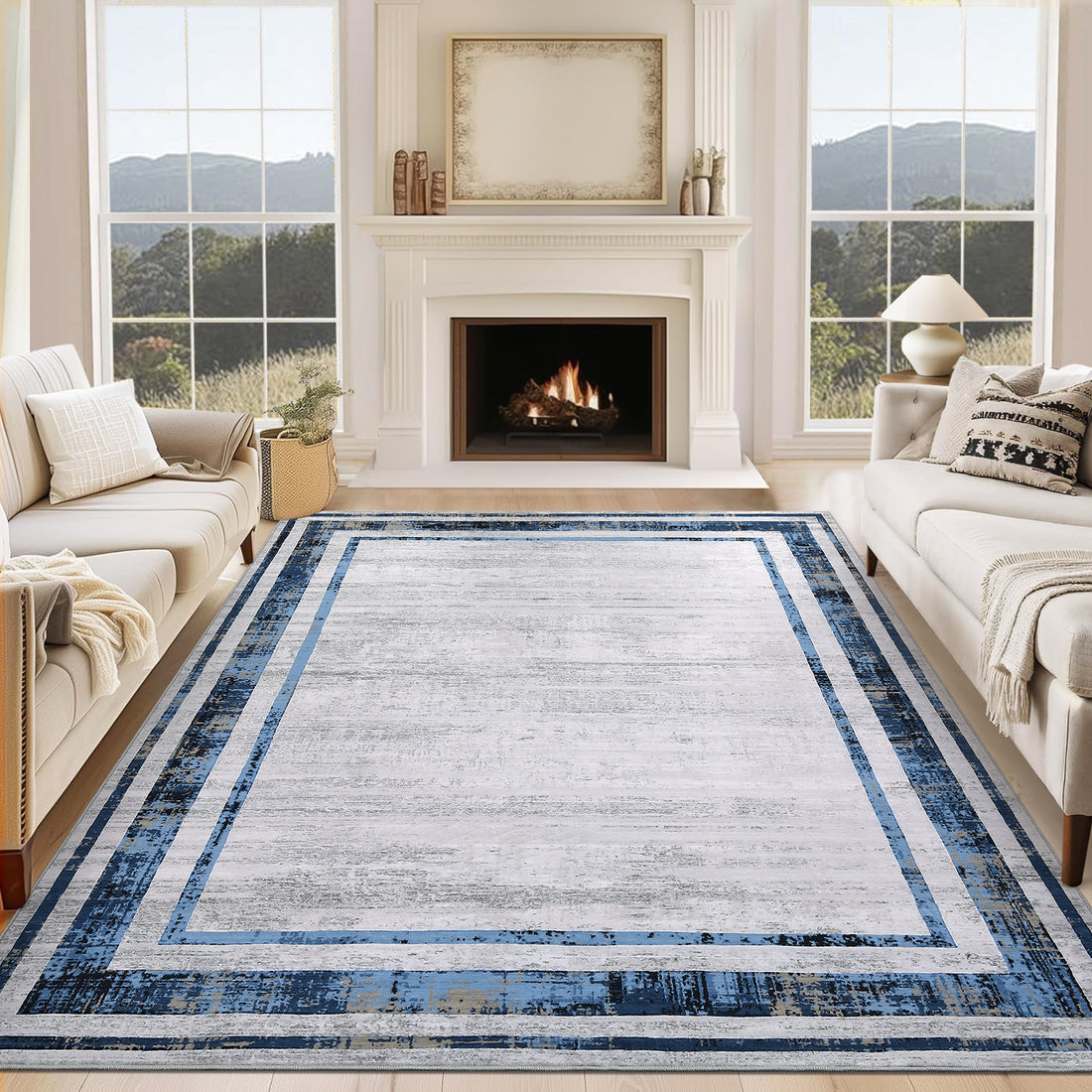 Garvee Large Washable Rug 10x13 Area Rug Modern Rug Distressed Border Rug Minimalist Blue Rug, Non Slip Soft Rug, Contemporary Accent Rug, Foldable Thin Rug for Living Room Bedroom