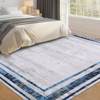 Garvee Modern Rug 8x10 Large Area Rug Washable Rug Distressed Border Rug Contemporary Blue Rug, Minimalist Living Room Rug, Non Slip Soft Rug, Foldable Printed Rug for Bedroom Office