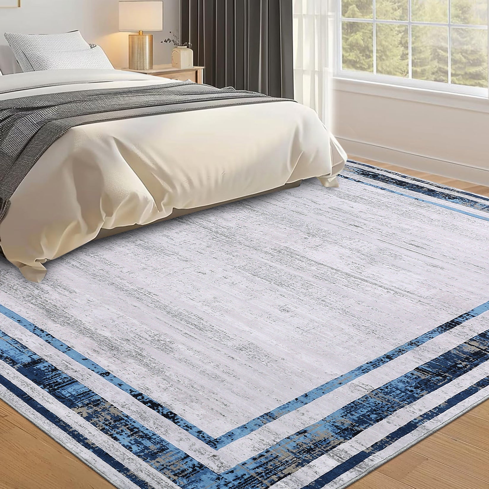 Garvee Large Living Room Rug 9x12 Modern Border Rug Soft Bedroom Rug Washable Rug with Rubber Backing, Contemporary Minimalist Rug, Distressed Accent Rug, Foldable Printed Rug, Blue