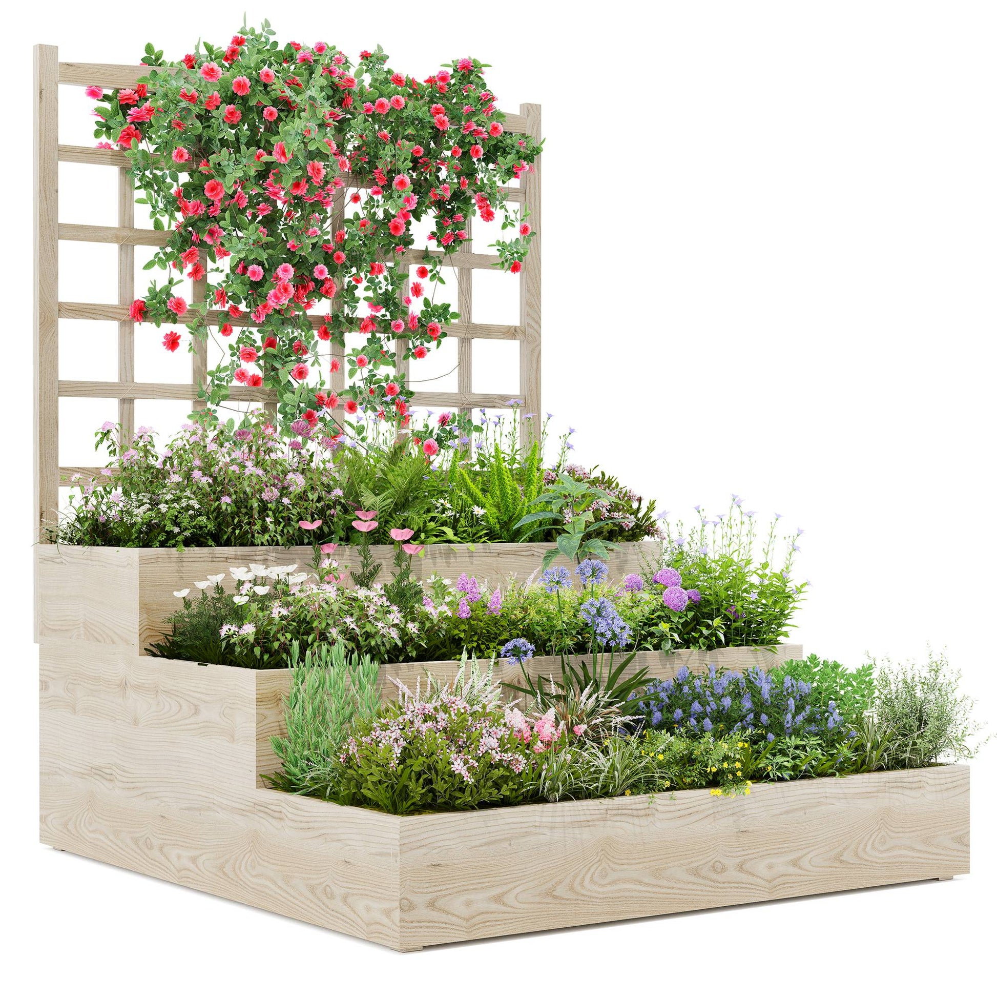 Garvee Vertical Wooden Garden Planter with Trellis, 3-Tier Raised Bed, Open-Base Drainage, Fir Wood, Modular Setup, Patio & Backyard