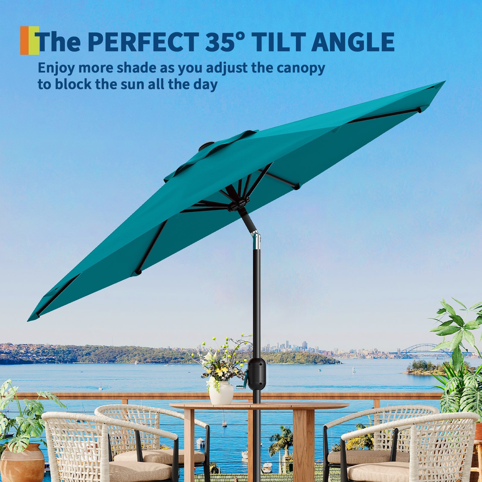 Garvee 9' Patio Umbrella, Outdoor Table Umbrella – Market Umbrella, Tilt & Crank, UV Waterproof, 8 Ribs, Turquoise