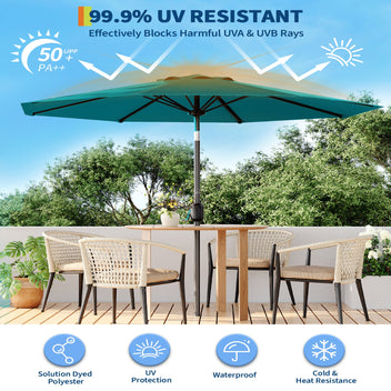 Garvee 9 ft Outdoor Patio Umbrella with 8 Sturdy Ribs, Crank Lift, Push-Button Tilt & UV-Resistant Waterproof Canopy for Pool, Deck, Yard & Garden, Turquoise