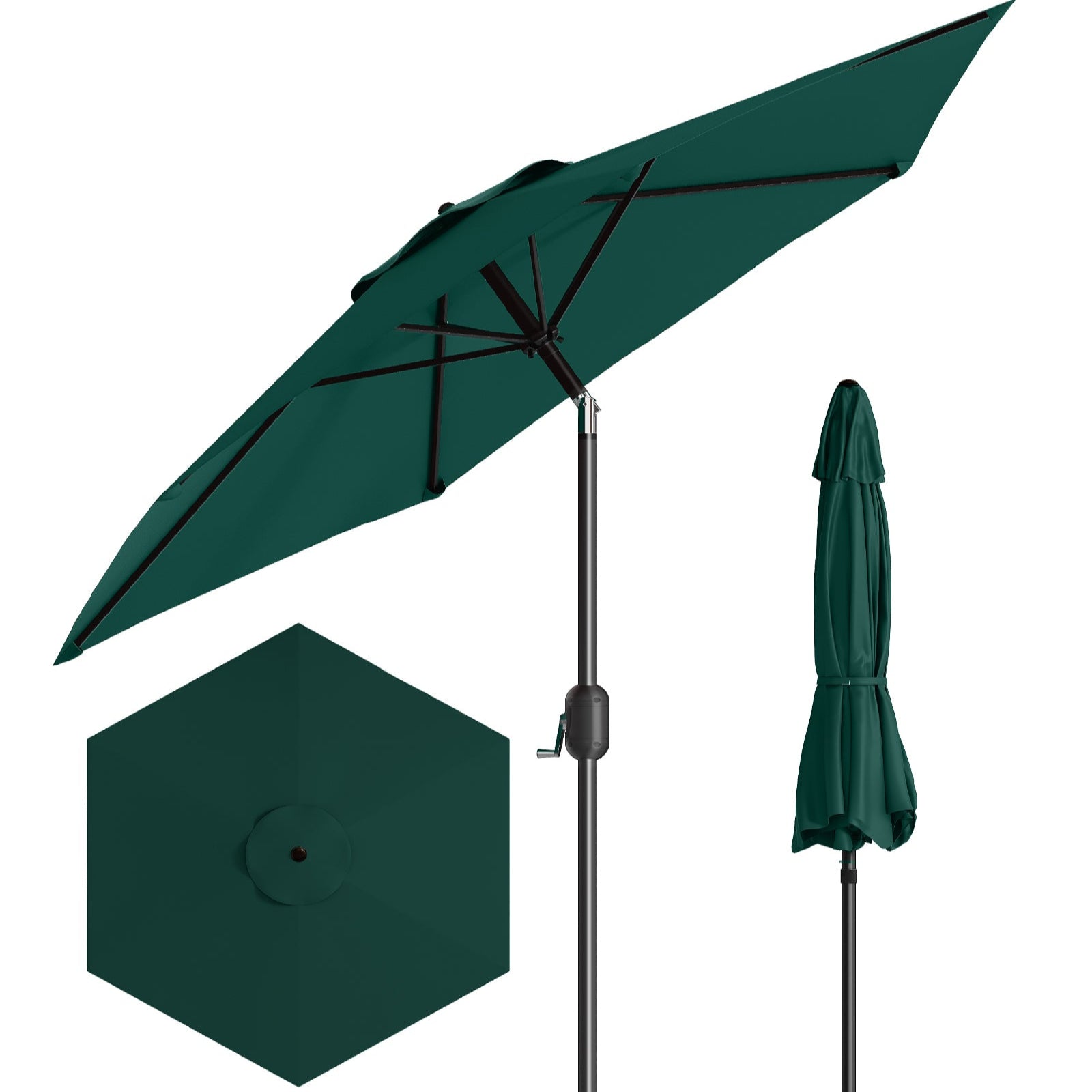 Compact 7.5' green patio umbrella, perfect for garden, poolside, or balcony use.