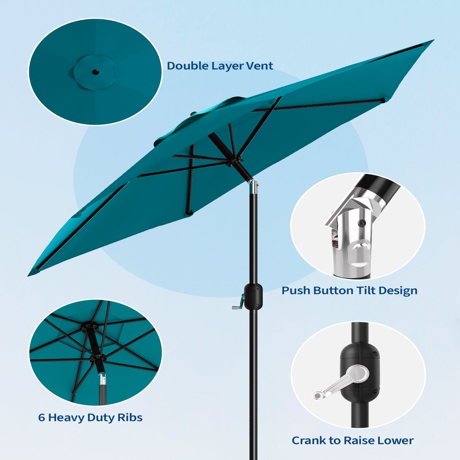 Garvee 7.5' Outdoor Patio Umbrella, Market Umbrella, 6 Sturdy Ribs UV Protection Waterproof, Turquoise-blue