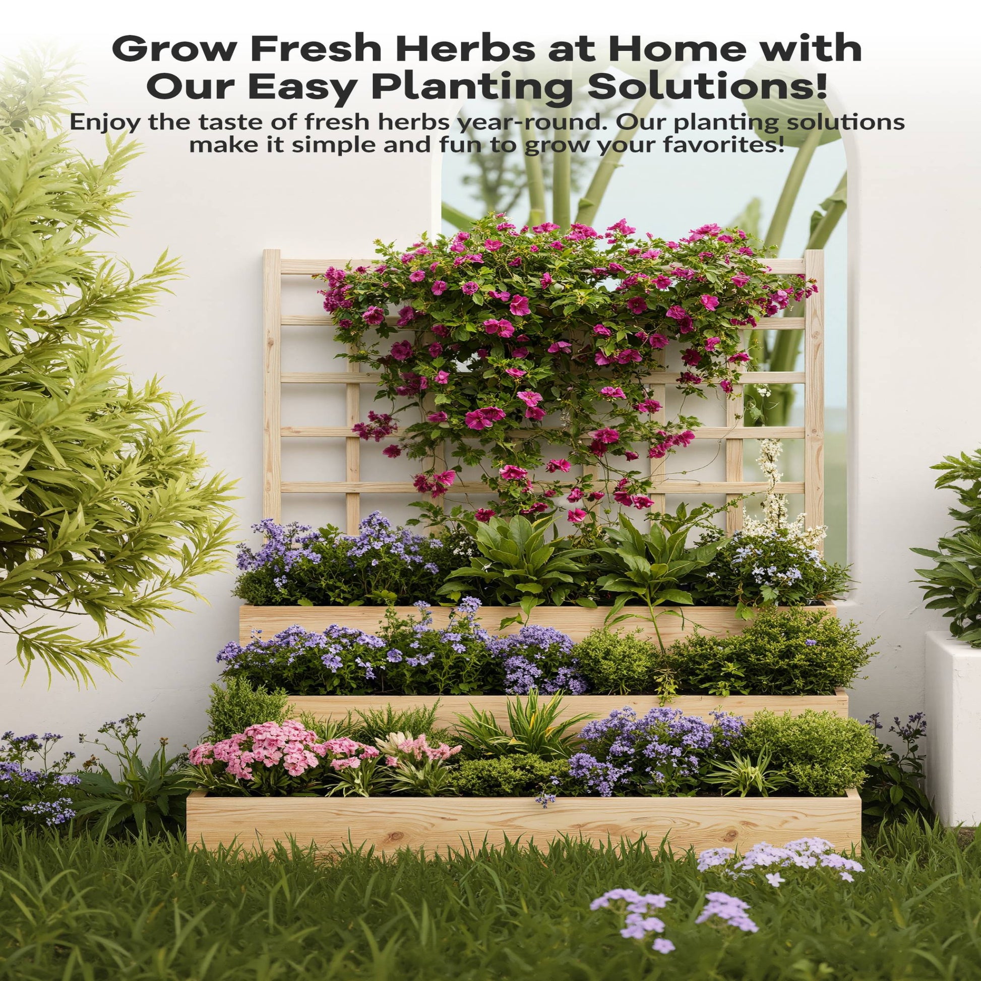 Garvee Vertical Wooden Garden Planter with Trellis, 3-Tier Raised Bed, Open-Base Drainage, Fir Wood, Modular Setup, Patio & Backyard