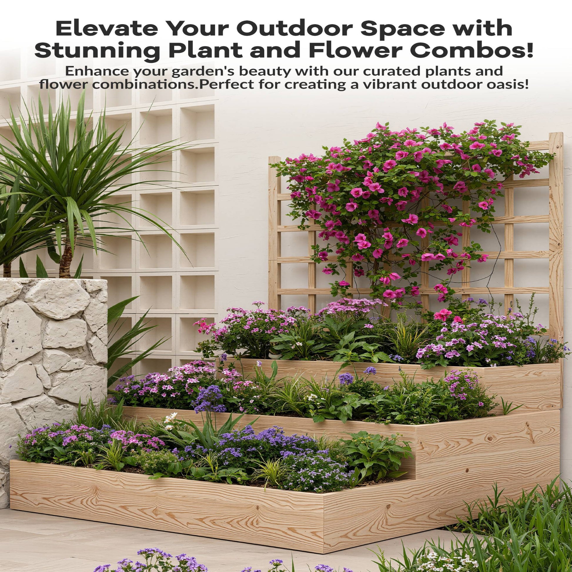 Garvee Vertical Wooden Garden Planter with Trellis, 3-Tier Raised Bed, Open-Base Drainage, Fir Wood, Modular Setup, Patio & Backyard