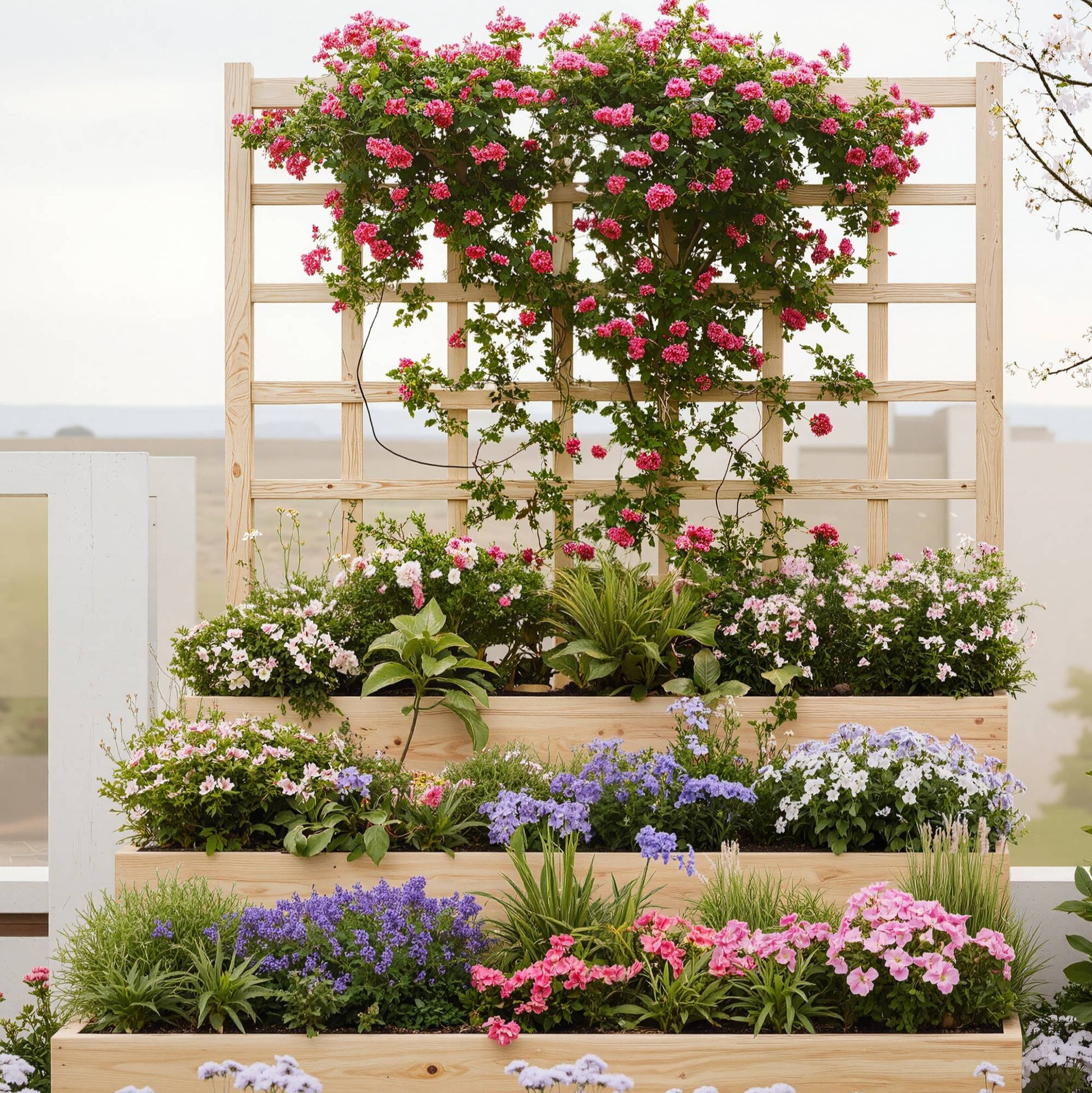 Garvee Vertical Wooden Garden Planter with Trellis, 3-Tier Raised Bed, Open-Base Drainage, Fir Wood, Modular Setup, Patio & Backyard