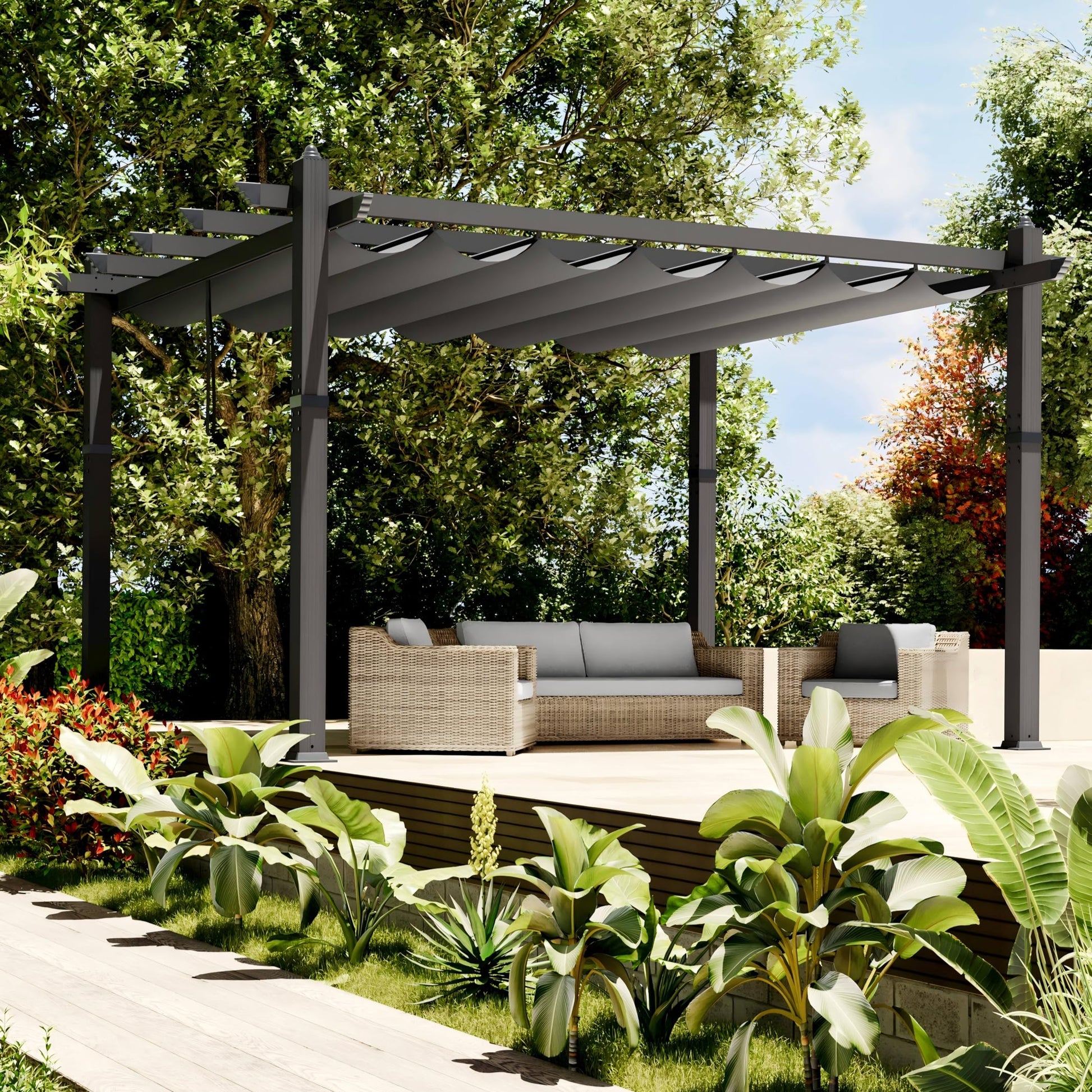 Garvee 12x20 Ft Aluminum Pergola with Adjustable Canopy, Reinforced Powder-Coated Frame, Waterproof UV-Resistant Canopy, Stable Base, Outdoor Garden Deck Shelter