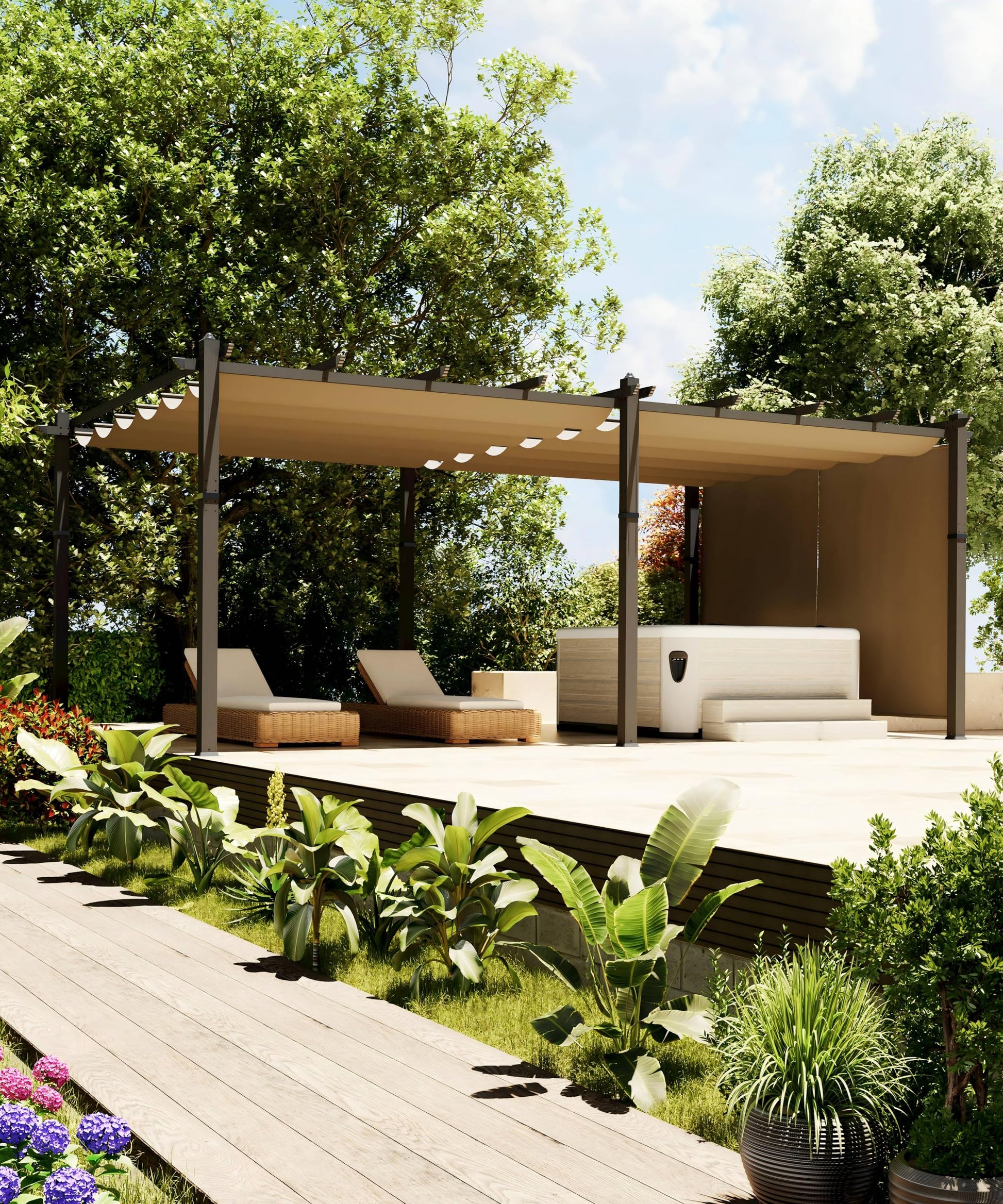 Garvee 12x20 Ft Aluminum Pergola with Adjustable Canopy and Reinforced Frame, Powder-Coated Metal, Waterproof UV-Resistant Canopy, Stable Base, Outdoor Backyard Deck