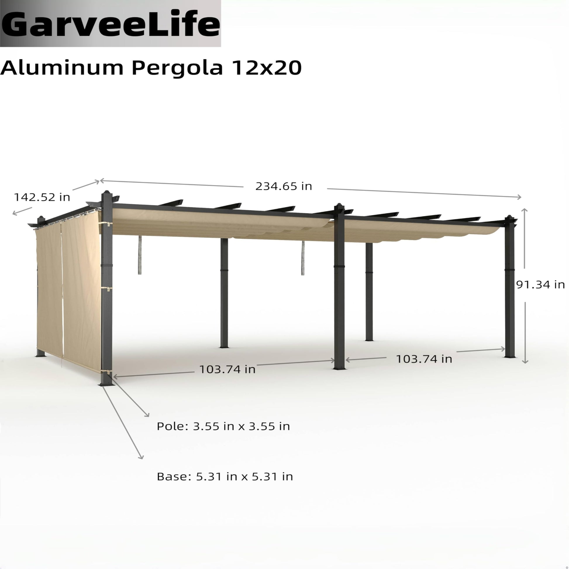 Garvee 12x20 Ft Aluminum Pergola with Adjustable Canopy and Reinforced Frame, Powder-Coated Metal, Waterproof UV-Resistant Canopy, Stable Base, Outdoor Backyard Deck