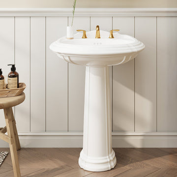 Garvee 20 x 26 Inch Bathroom Pedestal Sink, Classic Freestanding Ceramic Sink with Overflow Hole, Vintage White Bathroom Sink with 3 Pre-Drilled Holes for 8 Inch Faucets