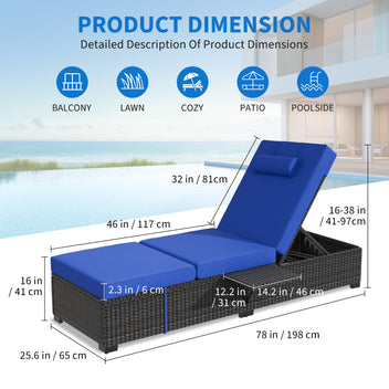 Garvee Set of 2 Outdoor Chaise Lounge Chairs with Side Table, PE Rattan Recliners with 6-Position Backrest & Blue Cushions for Poolside Patio